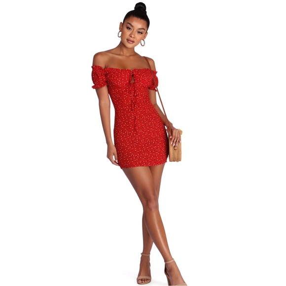 Red Floral Large Off The Shoulder Red Mini Dress - Picture 3 of 15